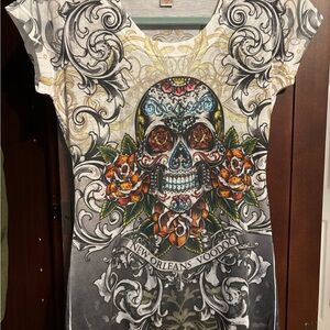 New Orleans Voodoo Fun Rhinestone Graphics Skull T-Shirt.